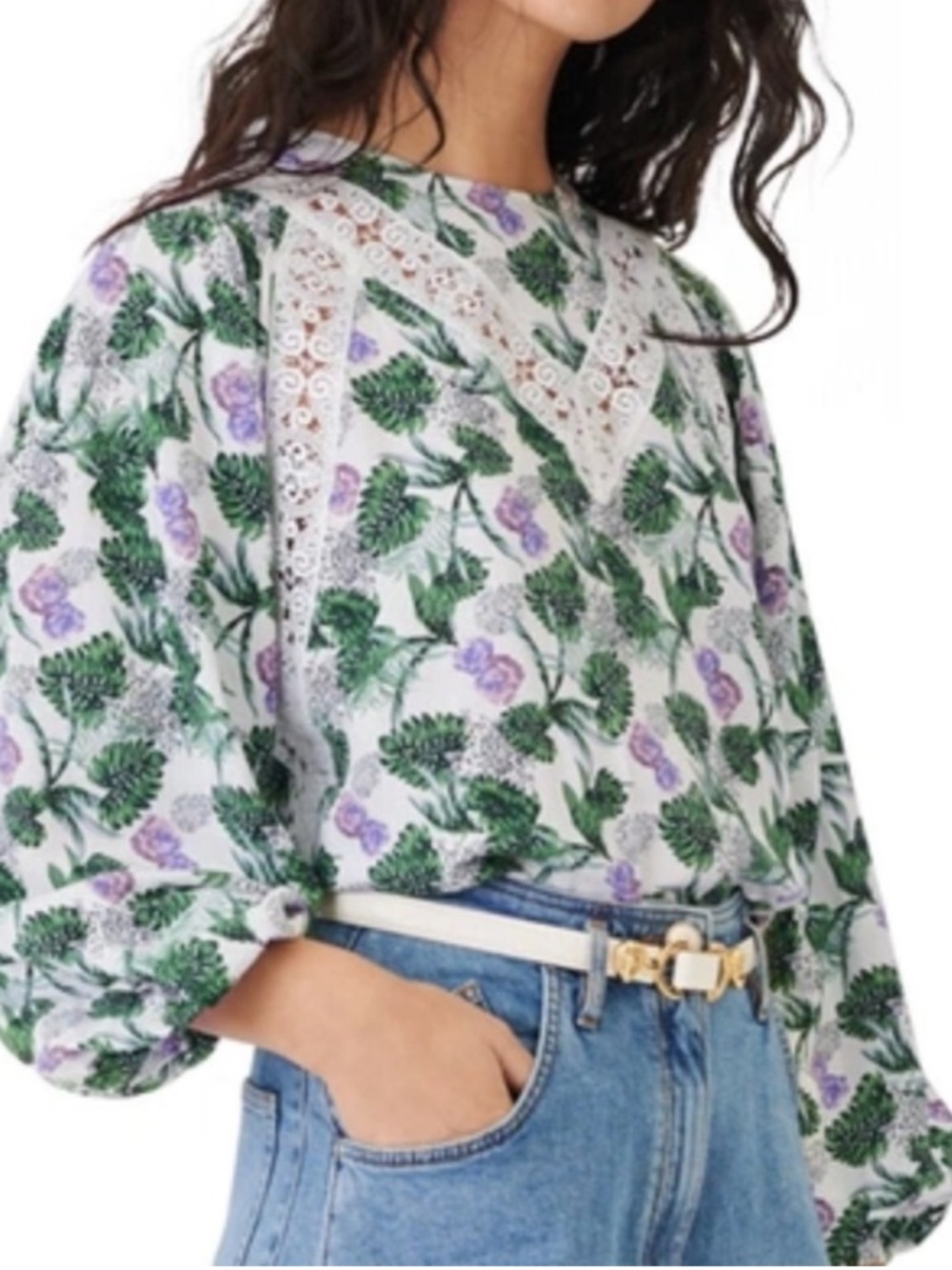 Maje Linen Blend Top with Green and Purple Floral with Lace Trim Size Large